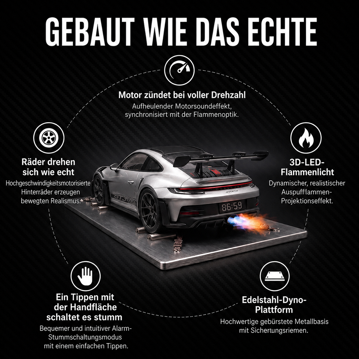 THE RED LINE Porsche: Motor zündet bei Volllast, Räder drehen bis zur Unschärfe, 3D-LED-Flamme, Ausschalten per Handschlag, Edelstahl-Dyno-Plattform