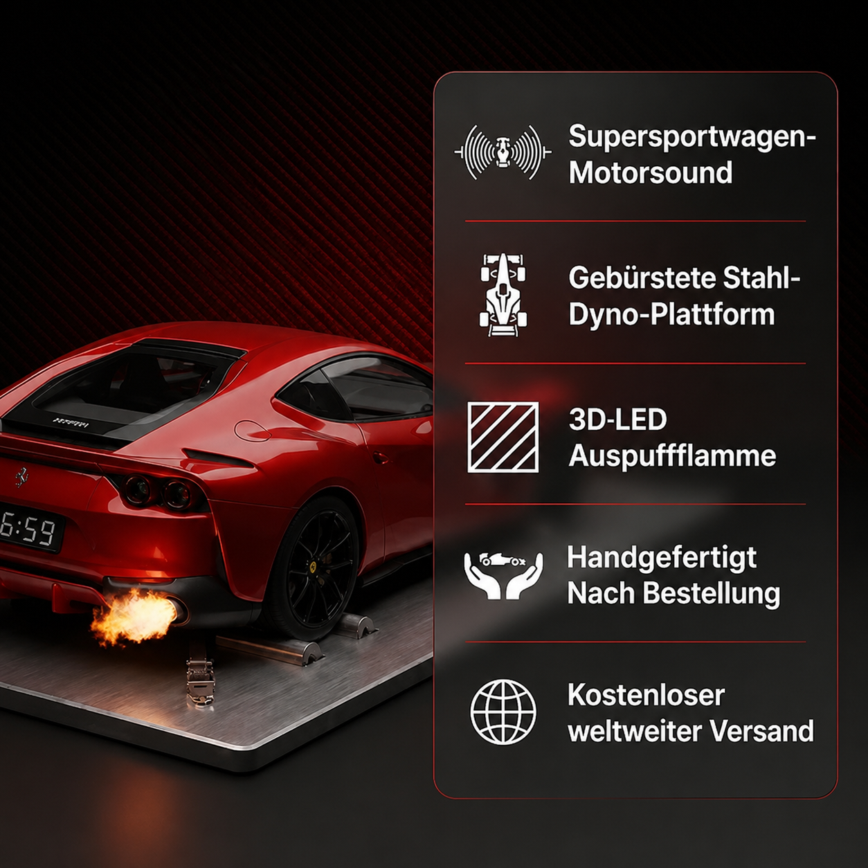 THE RED LINE Ferrari: Supercar-Motorsound, Edelstahl-Dyno-Plattform, 3D-LED-Auspuffflamme, in Handarbeit gefertigt, kostenloser Versand